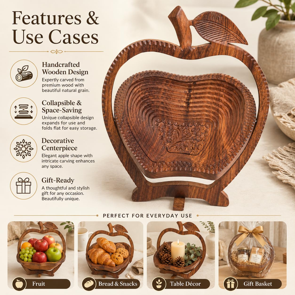 ZEDANU Foldable Rosewood Spiral Basket – Eco-Friendly Decorative Wooden Holder for Kitchen, Table & Gifting (Apple Shape) (Apple)