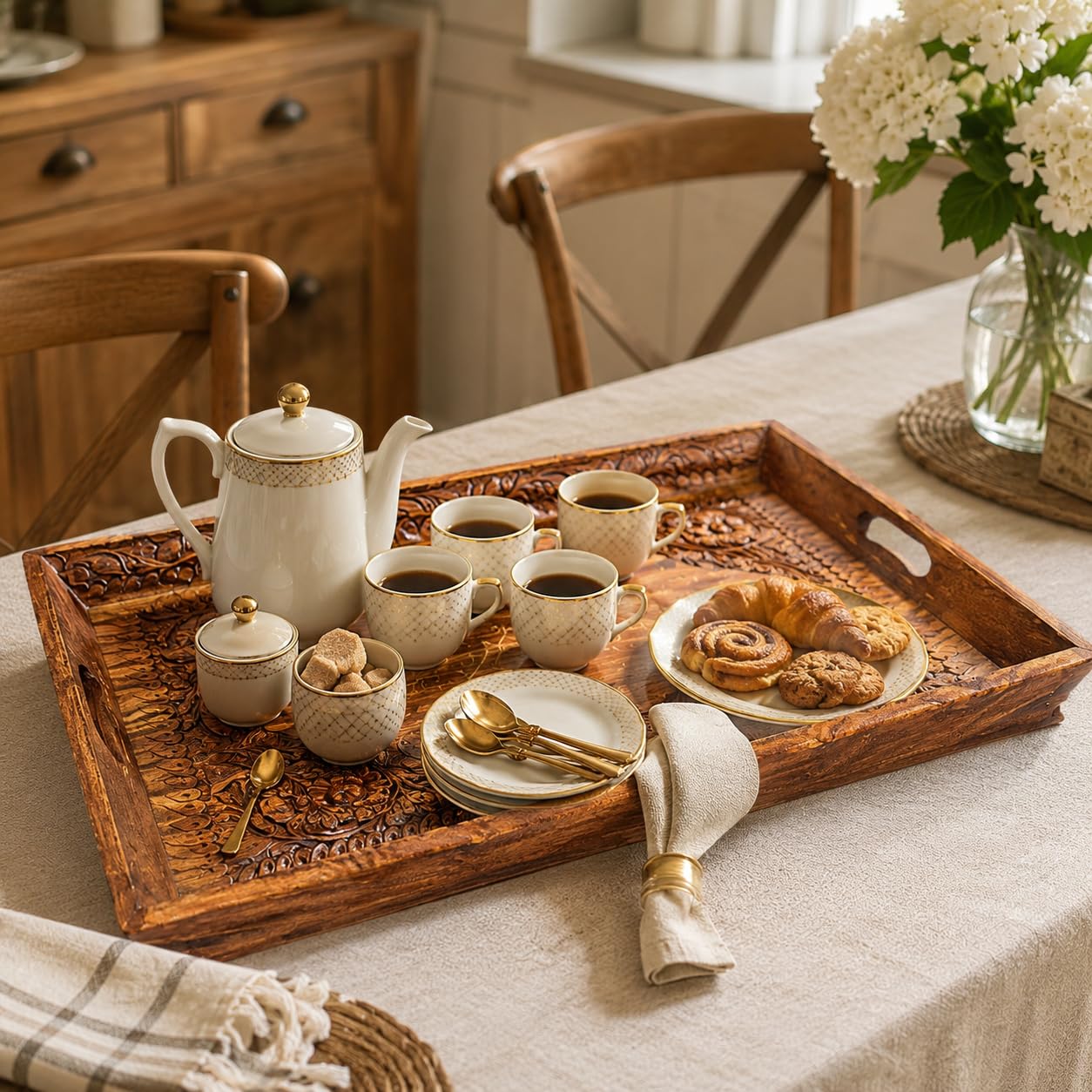 A styled breakfast scene on a dining table featuring a carved dark brown wooden serving tray holding a white ceramic teapot, cups, sugar bowl, small plate, and pastries, with a beige tablecloth and wooden chairs in the background.